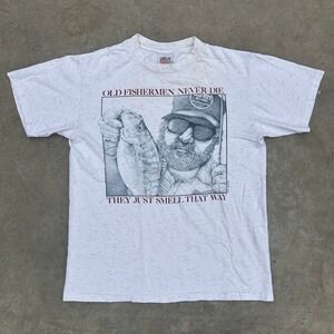 Vintage Oneita Power-T Old Fishermen Never Die Shirt Mens Medium White 1992 USA